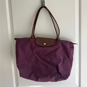 Longchamp Deep Purple Tote with Brown Handles